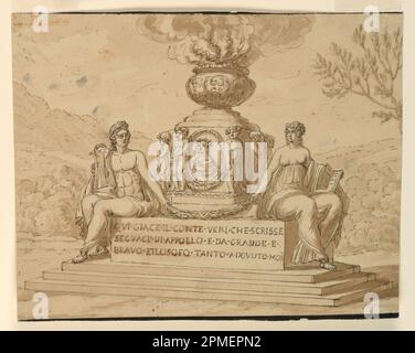 Disegno, sepolcrale Monumento del filosofo Conte Alessandro Verri; architetto: Giuseppe Barberi (italiano, 1746–1809); Italia; inchiostro nero e marrone, pennello e lavaggio marrone, grafite su carta beige posata; immagine: 22,1 x 27,4 cm (8 11/16 x 10 13/16 in.) Foto Stock