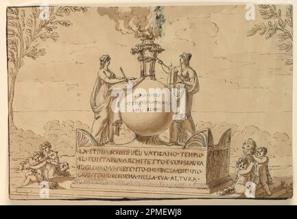 Disegno, monumento sepolcrale per Carlo Fontana; architetto: Giuseppe Barberi (italiano, 1746–1809); Italia; inchiostro nero e marrone, pennello e lavaggio marrone, grafite su carta beige posata; 21 x 30,5 cm (8 1/4 x 12 in.) Foto Stock