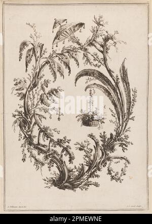 Stampa, alberi con cesto e Parasol; disegnata da Jean-Baptiste Pillement (francese, 1728-1808); Print Maker: Jean-Jacques Avril il il Vecchio (francese, 1744-1831); Francia; incisione su carta Foto Stock