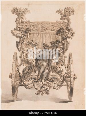 Disegno, disegno per la parte posteriore della terza carrozza del Principe del Liechtenstein; disegnato da Antonio Creccolini (1671 – ca. 1725); Italia; penna e inchiostro marrone, pennello + lavaggio marrone, su supporto in gesso nero: Carta beige steso (vedi note di seguito) Foto Stock