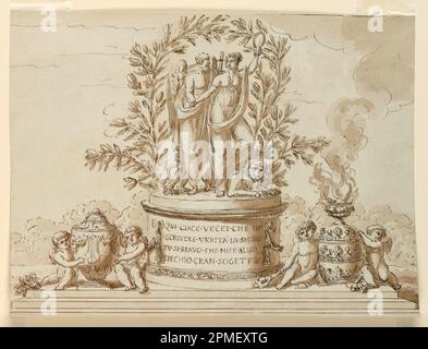 Disegno, monumento sepolcrale per lo scrittore Vecei; architetto: Giuseppe Barberi (italiano, 1746–1809); Italia; inchiostro nero e marrone, pennello e lavaggio marrone, grafite su carta blu-bianca, foderata; 21,6 x 28,6 cm (8 1/2 x 11 1/4 in.) Foto Stock