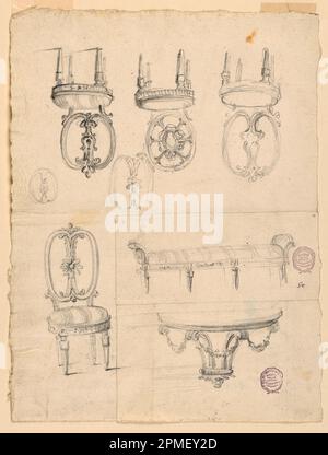 Disegno, Sedie e disegni architettonici; architetto: Giuseppe Barberi (italiano, 1746–1809); Italia; grafite su carta steso biancata; immagine: 8,2 x 14,5 cm (3 1/4 x 5 11/16 pollici) Foto Stock