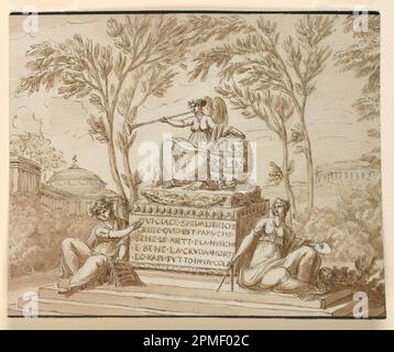 Disegno, monumento sepolcrale per Nicola Spedalieri; architetto: Giuseppe Barberi (italiano, 1746–1809); Italia; inchiostro nero e marrone, pennello e lavaggio marrone, grafite, su carta bluastra; 22,4 x 27,2 cm (8 13/16 x 10 11/16 in.) Foto Stock