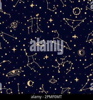 Modello di costellazione, sfondo vettoriale senza cuciture con cluster di stelle zodiacali, pianeti e satelliti in cielo nero. Gruppi di stelle in sezione di Celeste Illustrazione Vettoriale