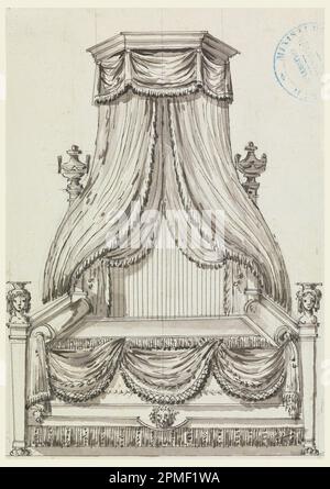 Disegno, disegno originale, Cahier VII, piastra 3; progettato da Richard de Lalonde (francese, attivo 1780–96); Francia; inchiostro nero e penna, pennello e lavaggio su carta greenastra; 21,5 x 15,3 cm (8 7/16") x 6 poll.) Foto Stock