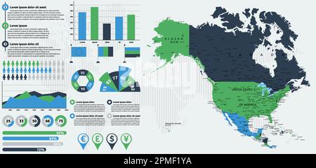 Mappa dettagliata del Nord America con elementi infografici. Illustrazione vettoriale. Illustrazione Vettoriale