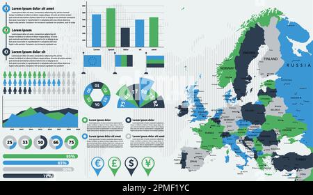 Mappa dettagliata dell'Europa con elementi infografici. Illustrazione vettoriale. Illustrazione Vettoriale