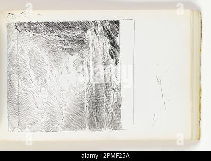 Libro di schizzo Folio, Waves Breaking on Rocks and Tall Cliffs; William Trost Richards (americano, 1833–1905); USA; penna e inchiostro nero su carta bianca ovata; 10,7 x 10,5 cm (4 3/16 x 4 1/8 in.), foglio irregolare: 19,5 x 12,3 cm (7 11/16 x 4 13/16 in.) Foto Stock