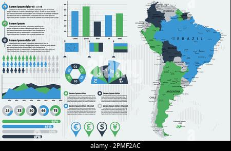 Mappa dettagliata del Sud America con elementi infografici. Illustrazione vettoriale. Illustrazione Vettoriale