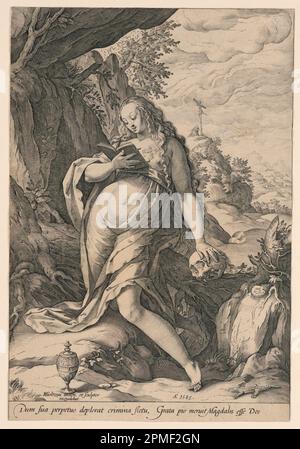 Stampa, St. Mary Magdalene Penitent, 1585; Print Maker: Hendrik Goltzius (Olanda, 1558 – 1617); Paesi Bassi; incisione su carta posata; 29,1 x 19,9 cm (11 7/16 x 7 13/16 pollici); Bequest of George Campbell Cooper; 1896-3-107 Foto Stock