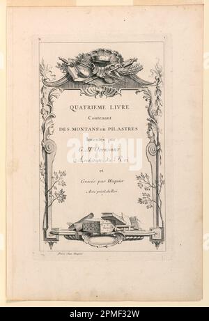 Stampa, pagina del titolo da 'Quatrieme Livre Contenant Des Montans où Pilastres Inventés par G. M. Oppenort Architecte du Roi et Gravés par Huquier'; disegnato da Gilles-Marie Oppenord (francese, 1672-1742); inciso da Gabriel Huquier (francese, 1695-1772); Francia; incisione su carta; 41,4 x 27,4 cm (16 5/16 x 10 13/16 pollici); 1959-85-19 Foto Stock