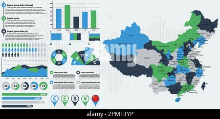 Mappa dettagliata della Cina con elementi infografici. Illustrazione vettoriale. Illustrazione Vettoriale