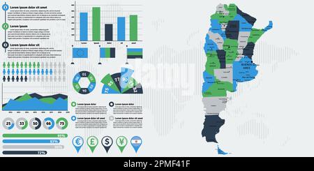 Mappa dettagliata dell'Argentina con elementi infografici. Illustrazione vettoriale. Illustrazione Vettoriale