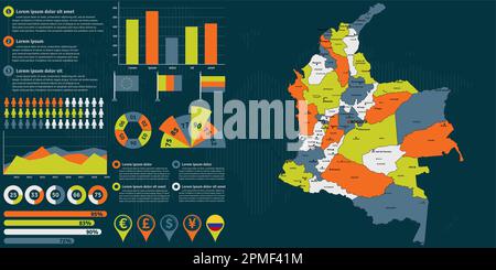 Mappa dettagliata della Colombia con elementi infografici. Illustrazione vettoriale. Illustrazione Vettoriale