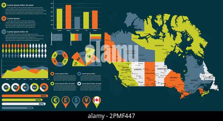 Mappa dettagliata del Canada con elementi infografici. Illustrazione vettoriale. Illustrazione Vettoriale
