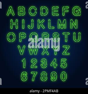 Alfabeto inglese e numeri colorato neon segno Illustrazione Vettoriale