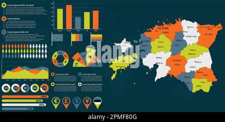 Mappa dettagliata dell'Estonia con elementi infografici. Illustrazione vettoriale. Illustrazione Vettoriale