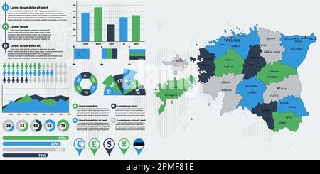 Mappa dettagliata dell'Estonia con elementi infografici. Illustrazione vettoriale. Illustrazione Vettoriale