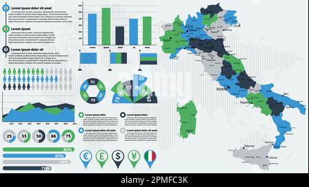 Mappa dettagliata dell'Italia con elementi infografici. Illustrazione vettoriale. Illustrazione Vettoriale