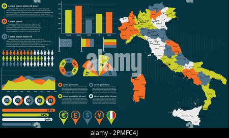 Mappa dettagliata dell'Italia con elementi infografici. Illustrazione vettoriale. Illustrazione Vettoriale