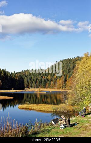 Francia, Vosgi (88), Parco Naturale Regionale dei Ballons des Vosges, la Bresse, pescatori sul lago di Lispach, torbiere, con una superficie di 10 ha situato a un'altitudine di 900m, classificati aree naturali e sensibili Foto Stock