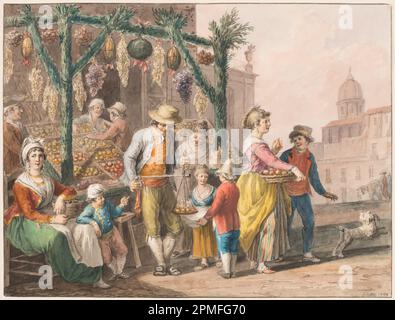 Disegno, acquerello; Una bancarella di frutta a Napoli a Natale; progettato da Saverio della Gatta (italiano, 1777 - 1829); Italia; gesso nero e vari acquerelli su carta; 19,4 x 25,8 cm (7 5/8 x 10 3/16 pollici) Foto Stock