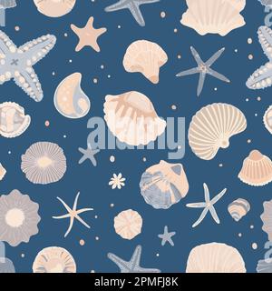motivo a conchiglia di mare senza cuciture. Conchiglie disegnate a mano Illustrazione Vettoriale