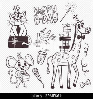 Animali di compleanno ed elementi di festa. Quattro animali carini con regali. Un gatto, una giraffa, un uccello e un topo. Stile cartone animato. Elementi isolati. Delineato il Illustrazione Vettoriale