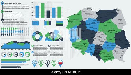 Mappa dettagliata della Polonia con elementi infografici. Illustrazione vettoriale. Illustrazione Vettoriale