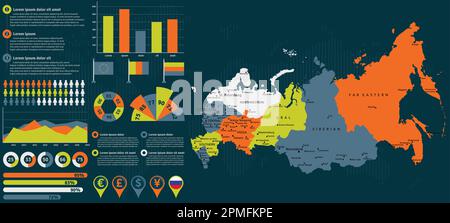 Mappa dettagliata della Russia con elementi infografici. Illustrazione vettoriale. Illustrazione Vettoriale