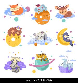 Simpatici personaggi animali che dormono sulla luna, sulla nuvola o sul pianeta. Personages isolati riposo, decorazione della stanza dei bambini o adornamento della stanza dei bambini. Raccoon e volpe, Illustrazione Vettoriale