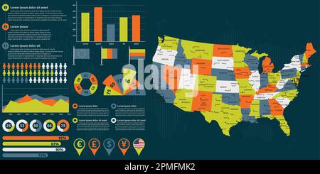 Mappa dettagliata degli Stati Uniti d'America con elementi infografici. Illustrazione vettoriale. Illustrazione Vettoriale