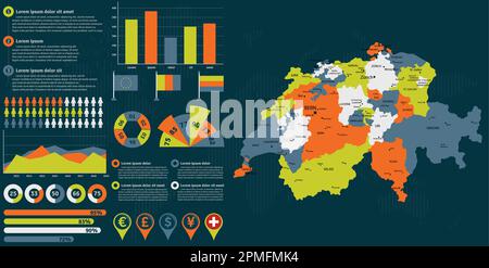 Mappa dettagliata della Svizzera con elementi infografici. Illustrazione vettoriale. Illustrazione Vettoriale