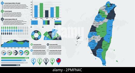 Mappa dettagliata di Taiwan con elementi infografici. Illustrazione vettoriale. Illustrazione Vettoriale