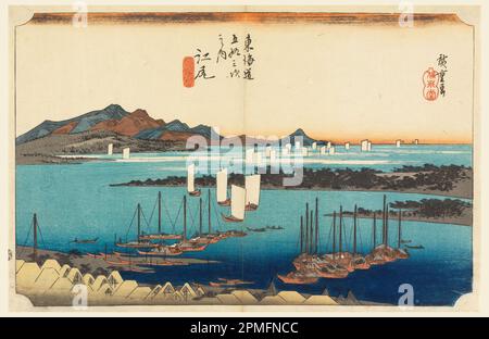 Woodblock Print, Ejiri, Vista su Mio-no-Matsu-bara, nelle cinquantatré stazioni della strada Tokaido (Tokaido Gojusan Tsugi-no Uchi); Ando Hiroshige (giapponese, 1797 - 1858); Giappone; Woodblock print (ukiyo-e) su carta di gelso (wasi); 23,9 x 36,4 cm (9 7/16 x 14 5/16 pollici). Foto Stock