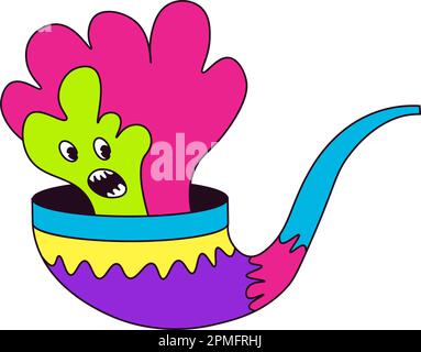 Carattere astratto del doodle, tubo di fumo isolato con fumi o fumo con l'espressione facciale spaventata. Personaggio a colori, raffigurazione o disegno di ficti Illustrazione Vettoriale