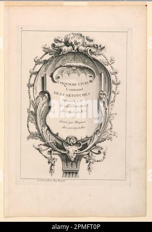 Stampa, pagina del titolo da 'Cinquième Livre Contenant des Cartointes Inventés par G. M. Oppenort Architecte du Roi et Gravé par Huquier'; disegnato da Gilles-Marie Oppenord (francese, 1672-1742); inciso da Gabriel Huquier (francese, 1695-1772); Francia; incisione su carta; 41,3 x 28 cm (16 1/4 pollici) x 11 poll.); 1959-85-25 Foto Stock