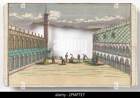 Stampa, il Carnevale di Venezia (Peep-show); Martin Engelbrecht (tedesco, 1684–1756); Germania; incisione, pennello e acquerello su carta; 9,6 x 15 cm (3 3/4 x 5 7/8 pollici) Foto Stock