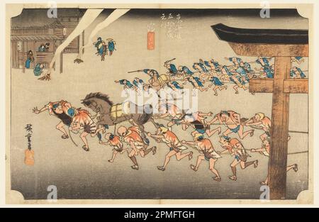 Woodblock Print, Miya (Atsuta Jiuji Temple Fete), nelle cinquantatré stazioni della strada Tokaido (Tokaido Gojusan Tsugi-no Uchi); Ando Hiroshige (giapponese, 1797 - 1858); Giappone; Woodblock print (ukiyo-e) su carta di gelso (wasi); 23,7 x 36,4 cm (9 5/16 x 14 5/16 pollici) Foto Stock