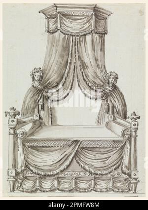 Disegno, disegno originale, Cahier VIII, piastra 1; progettato da Richard de Lalonde (francese, attivo 1780–96); Francia; inchiostro nero e penna, pennello e lavaggio su carta greenastra; 20,2 x 14,9 cm (7 15/16 x 5 7/8 in.) Foto Stock