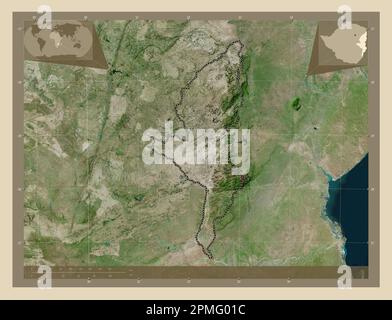 Manicaland, provincia dello Zimbabwe. Mappa satellitare ad alta risoluzione. Mappe delle posizioni ausiliarie degli angoli Foto Stock