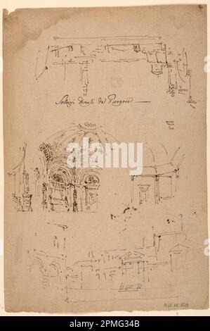 Disegno, foglio di schizzi architettonici; progettato da Giuseppe Valadier (italiano, 1762–1839); Italia; inchiostro penna e bistre su carta grigio-marrone; 44,1 x 29,6 cm (17 3/8 x 11 5/8 pollici) Foto Stock