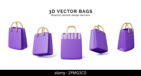 Set di 3D borse per la spesa realistiche. Borsa viola alla moda con manici gialli. Modello del pacchetto di mercato. Illustrazione vettoriale isolata su backgrou bianco Illustrazione Vettoriale