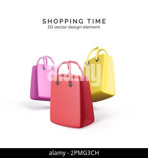 Confezioni colorate di carta. Borse per la spesa per banner e modello aziendale. Borse regalo nei colori rosso, rosa e giallo. Illustrazione vettoriale isolata su Whi Illustrazione Vettoriale