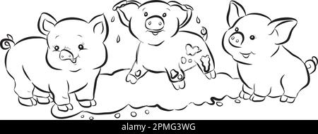 Cartoon bianco e nero tre maiali Illustrazione Vettoriale