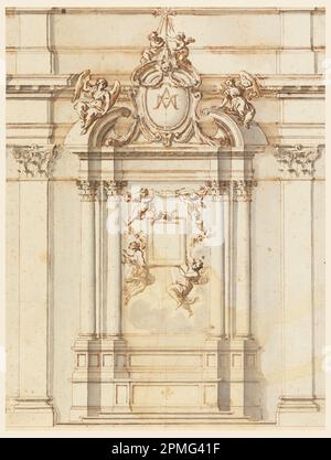 Disegno, disegno per altare della Vergine; Carlo Marchionni (italiano, 1702–1786); Italia; inchiostro penna e seppia, pennello e acquerello grigio su carta posata; 26,7 x 20 cm (10 1/2 x 7 7/8 in.) Foto Stock