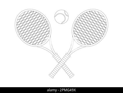 Racchette da tennis bianche e nere con palla da tennis. Pagina da colorare di racchette da tennis Illustrazione Vettoriale