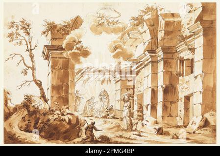 Disegno, Design per Crèche (Presepe); Italia; penna e inchiostro, pennello e seppia lavati su carta bianca; 21,8 x 32,6 cm (8 9/16 x 12 13/16 in.) Foto Stock