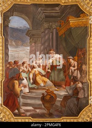 GENOVA, ITALIA - 5 MARZO 2023: L'affresco della scena dell'Antico Testamento (probabilmente Jezabel e re Ahab) nella Basilica di Santa Maria delle Vigne. Foto Stock