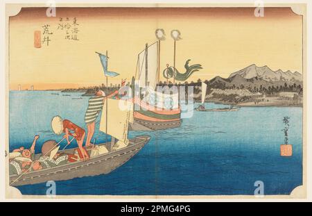 Woodblock Print, Arai Ferryboat, nelle cinquantatré stazioni della strada Tokaido (Tokaido Gojusan Tsugi-no Uchi); Ando Hiroshige (giapponese, 1797 - 1858); Giappone; Woodblock, pennello e acquerello su carta; 24 x 37 cm (9 7/16 x 14 9/16 pollici) Foto Stock